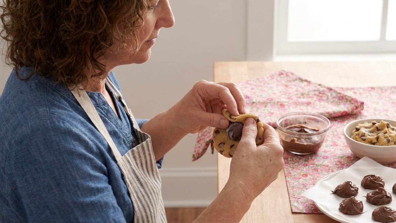 A baker pinching and smoothing cookie dough around a frozen Nutella filling to fully seal the seam