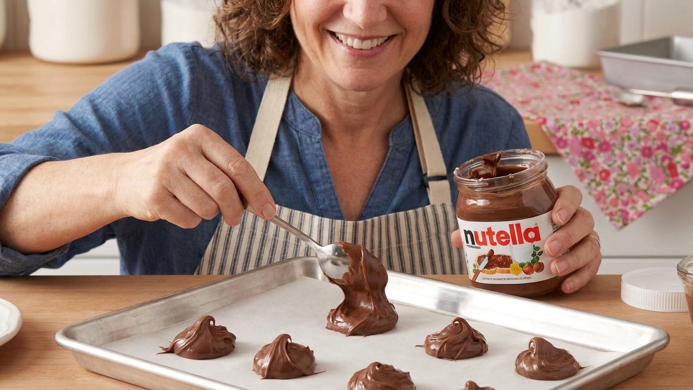 A baker scooping Nutella with a teaspoon over a parchment-lined tray on a kitchen counter