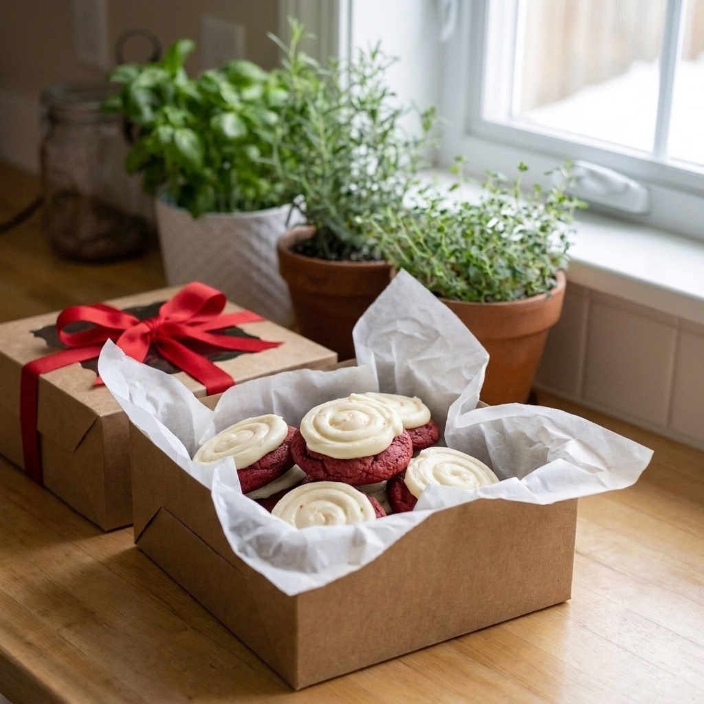 A bakery-style gift box filled with red velvet cookies topped with cream cheese frosting, nestled in tissue paper on a dining table