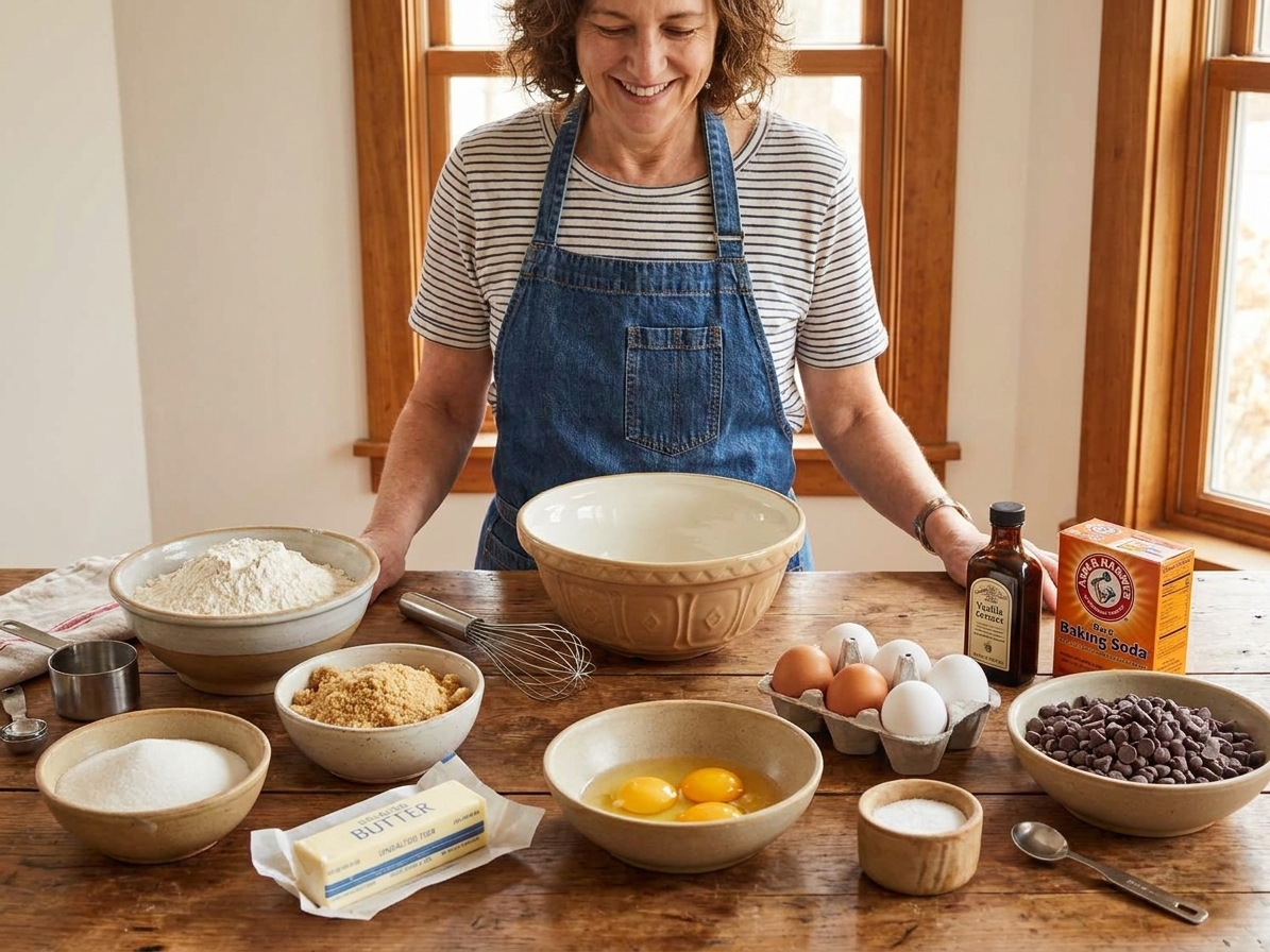 A baking counter with bowls of flour, brown sugar, granulated sugar, butter, eggs, vanilla, baking soda, salt, and chocolate chips laid out for cookie dough prep
