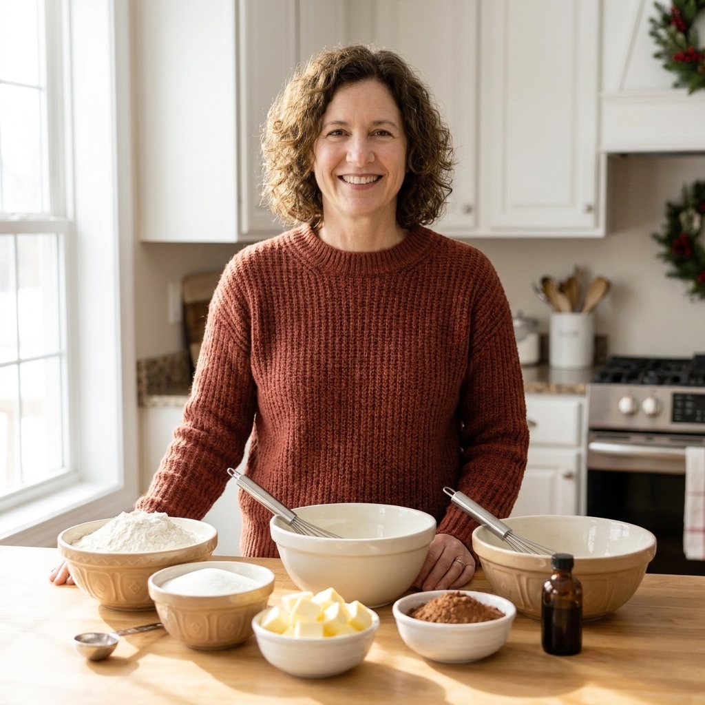 A baking counter with measured flour, sugar, butter, cocoa powder, vanilla, and mixing bowls laid out for making slice-and-bake cookie dough