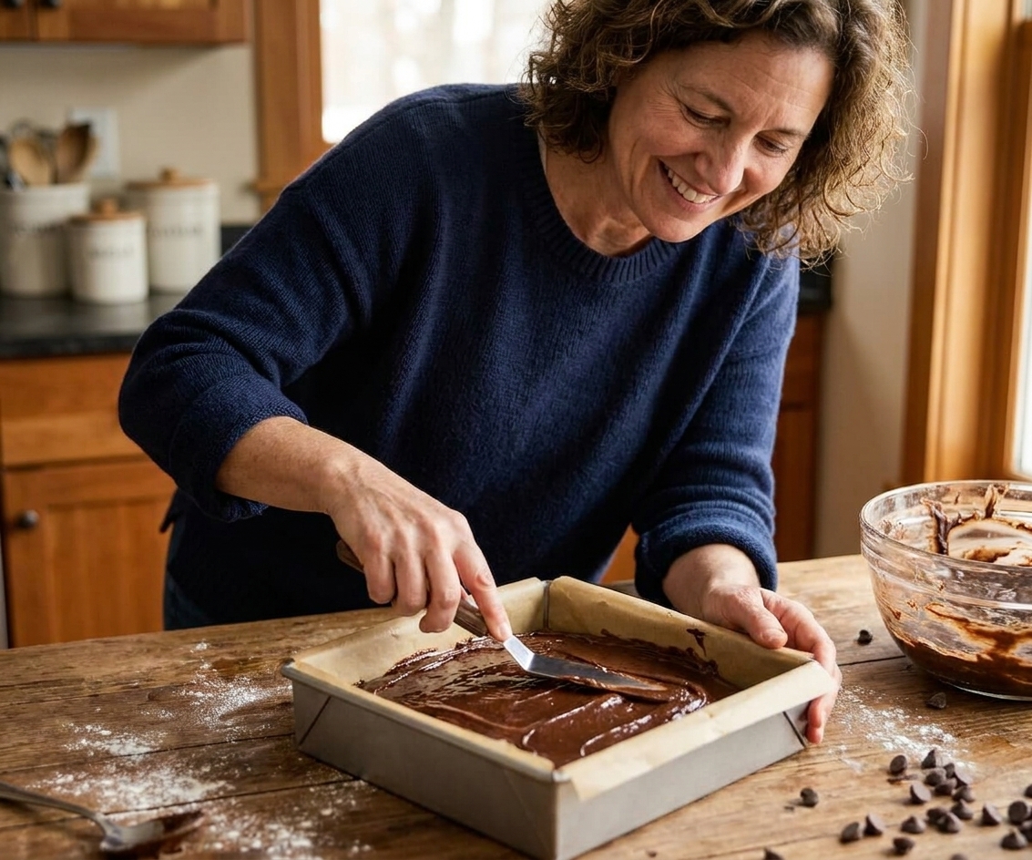 A baking pan lined with parchment paper, filled with thick glossy brownie batter being smoothed into the corners with an offset spatula on a kitchen counter