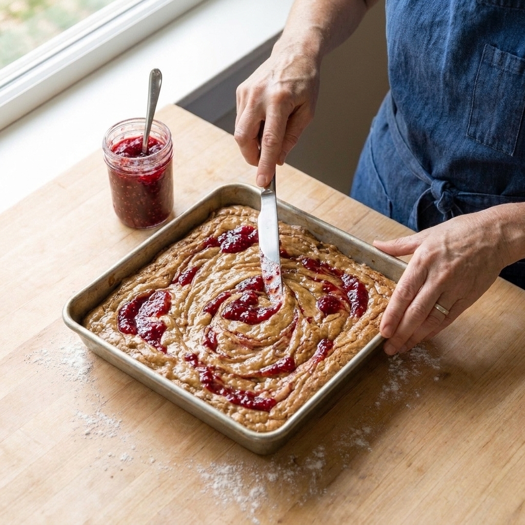 A baking pan of blondie batter with spoonfuls of raspberry jam being gently swirled with a butter knife