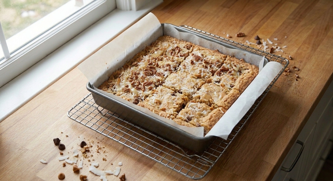 A baking pan of magic bars cooling on a wire rack on a kitchen counter with parchment overhang visible
