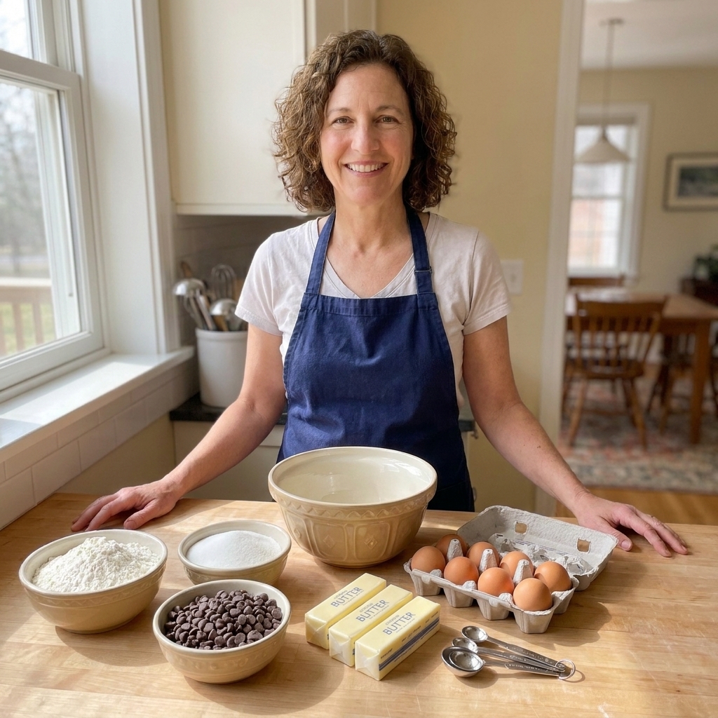A baking setup on a kitchen counter with bowls of flour and sugar, sticks of butter, eggs, chocolate chips, and measuring spoons arranged neatly before mixing