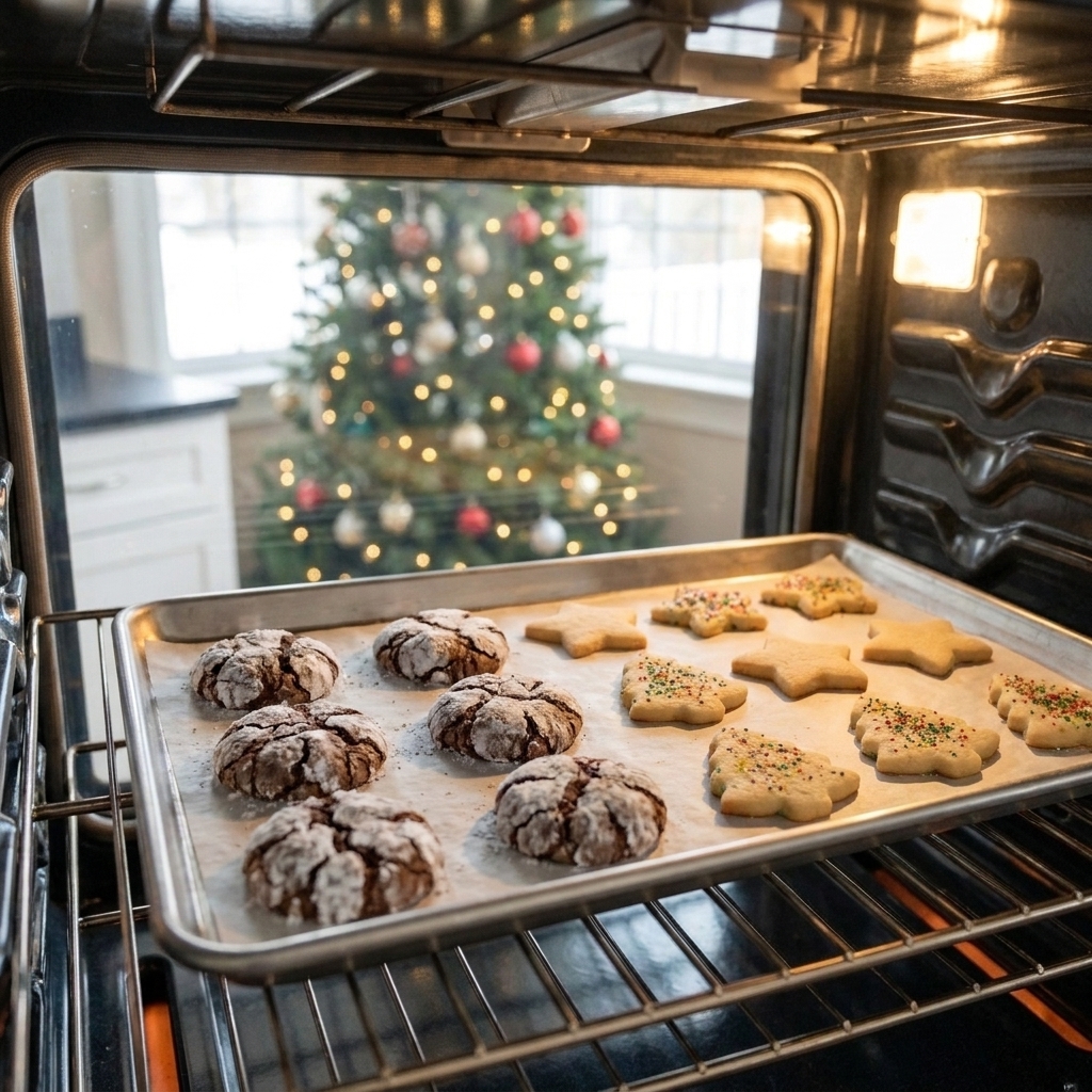 A baking sheet in a home oven with multiple types of holiday cookies baking, including crinkle cookies and sugar cookies