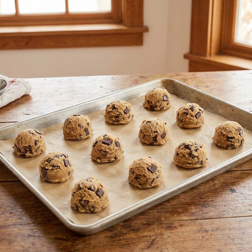 A baking sheet lined with parchment holding evenly scooped balls of chocolate chip cookie dough ready to chill