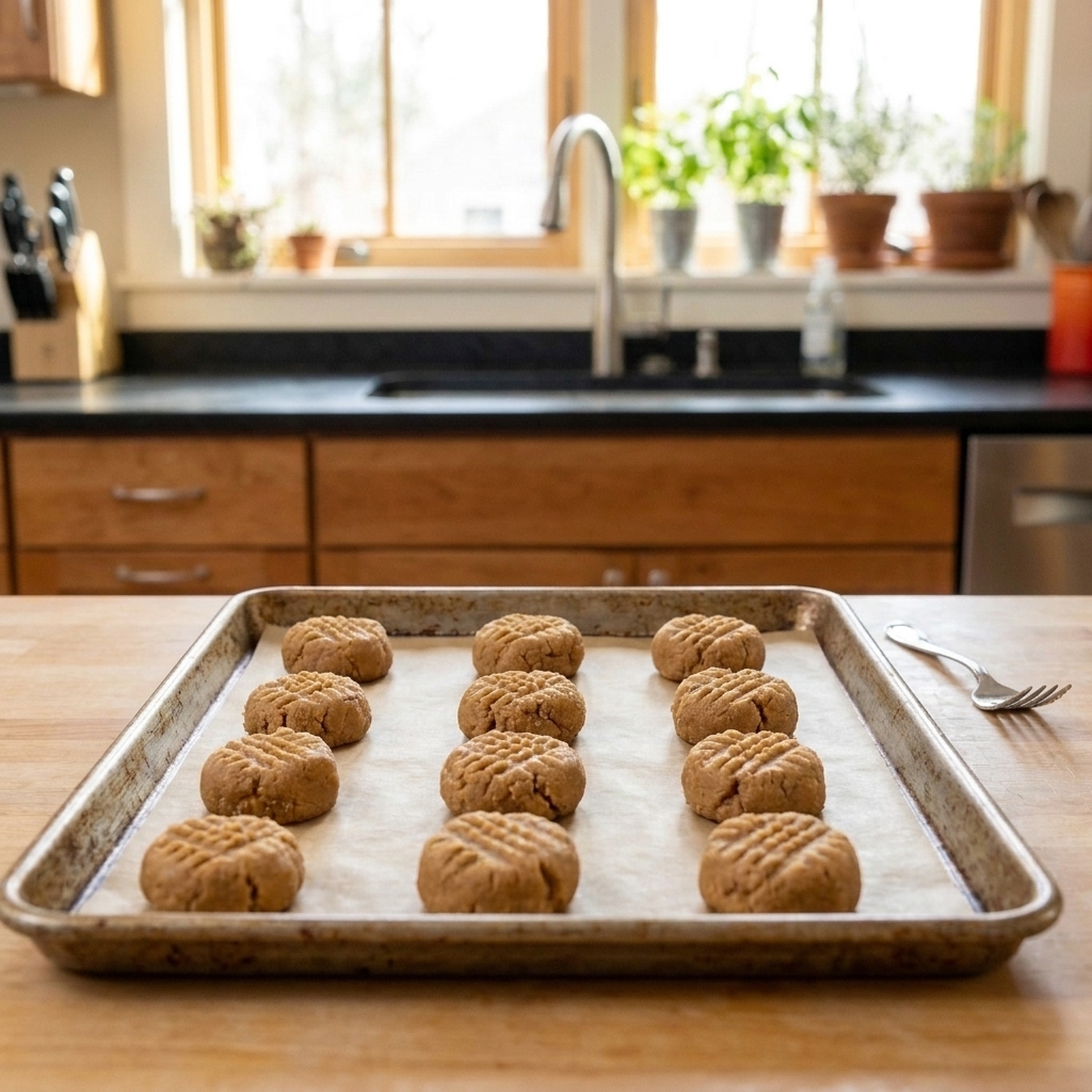 A baking sheet lined with parchment holding rows of unbaked peanut butter cookie dough balls pressed with a fork crosshatch pattern
