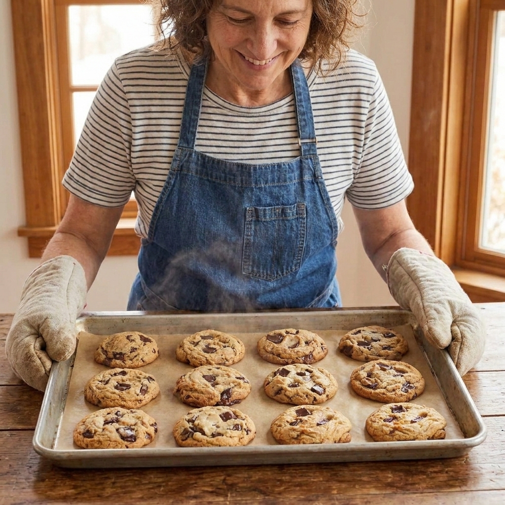 A baking sheet of chocolate chip cookies just pulled from the oven, with set golden edges and slightly soft centers