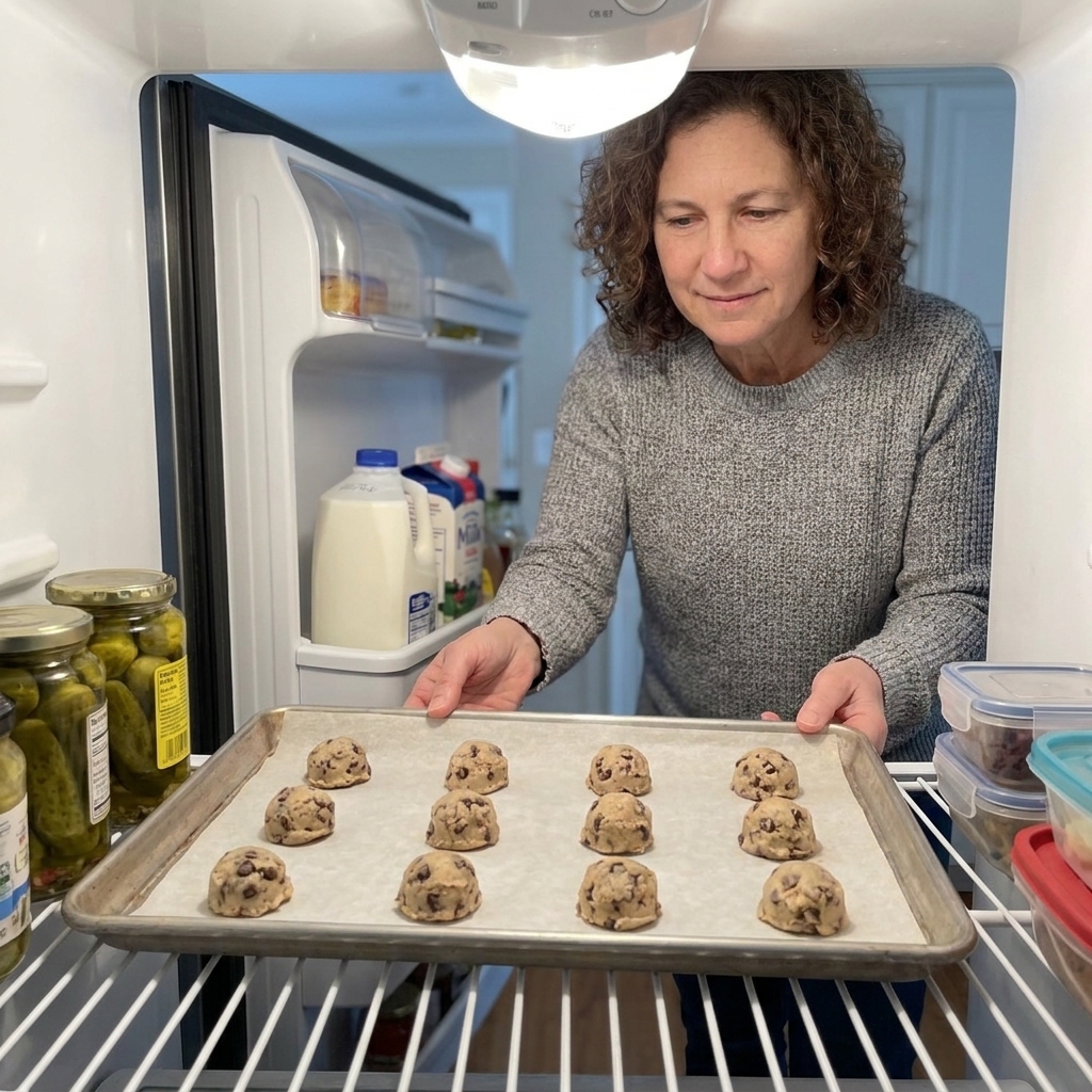 A baking sheet of cookie dough balls being placed onto a refrigerator shelf