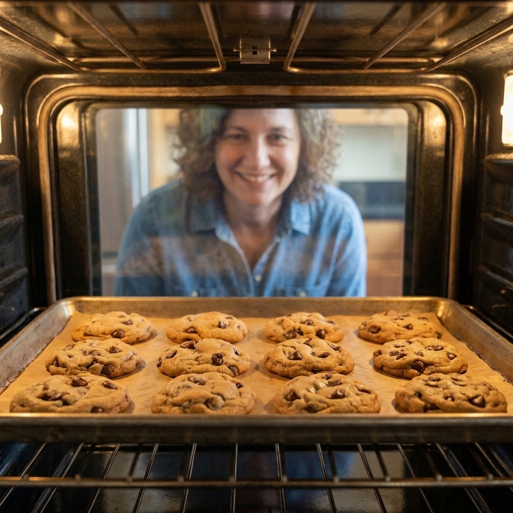 A baking sheet of cookies baking on an oven rack, with cookie edges beginning to set while centers remain soft