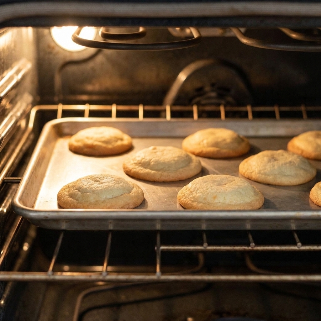 A baking sheet of cookies halfway baked on the center oven rack with lightly golden edges