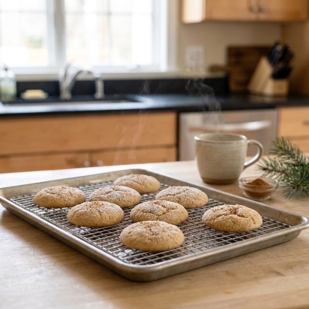 A baking sheet of freshly baked eggnog-spiced cookies cooling on a rack in a warm kitchen