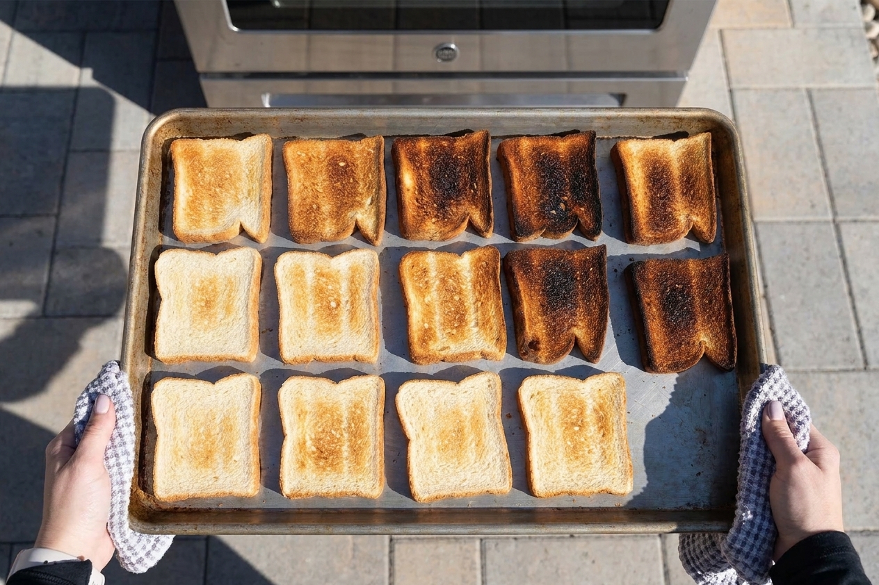 A baking sheet of toasted bread slices showing uneven browning with darker slices toward the back right and lighter slices near the front