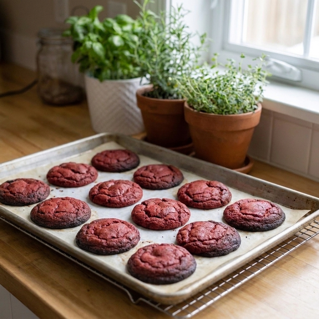 A baking sheet with slightly overbaked red velvet cookies that look darker around the edges, sitting on a kitchen counter