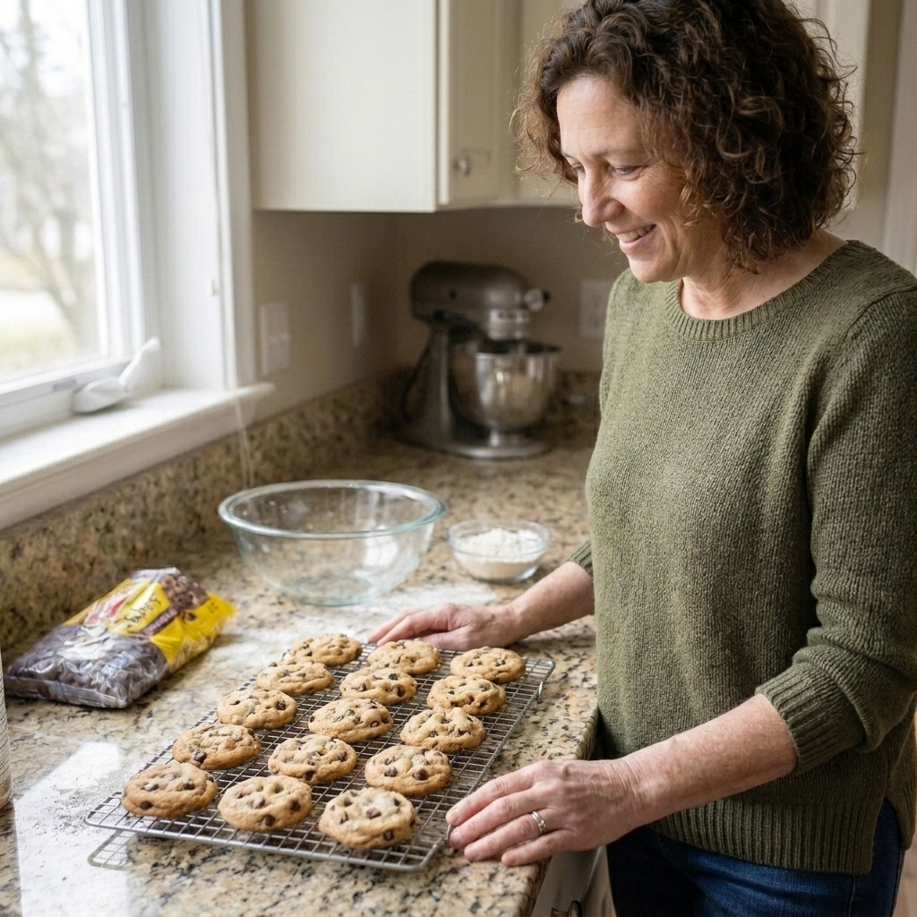 A batch of golden brown chocolate chip cookies cooling on a wire rack on a home kitchen counter