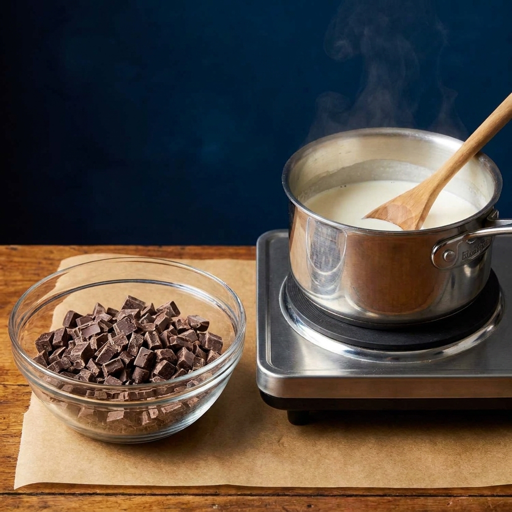 A bowl of chopped semi-sweet chocolate next to a small saucepan of warmed heavy cream on a stovetop