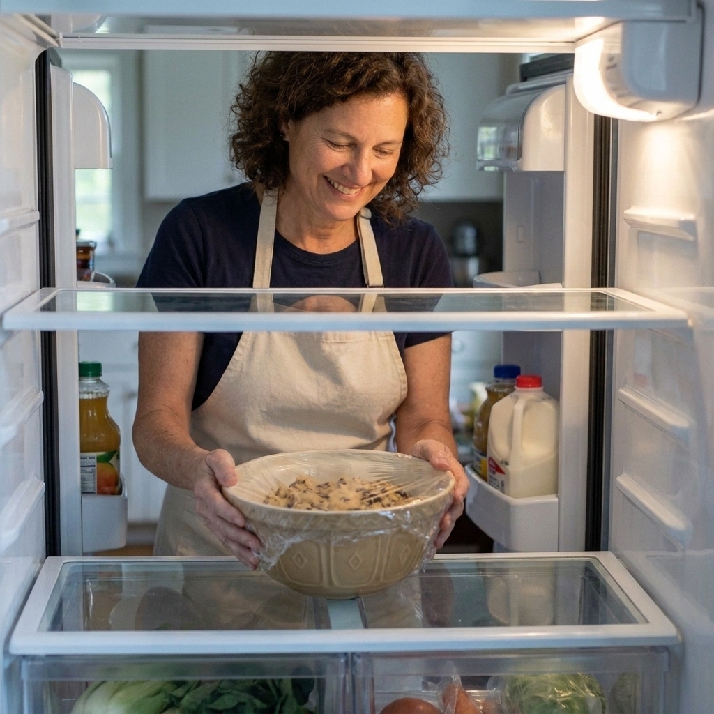 A bowl of cookie dough covered with plastic wrap being placed on a refrigerator shelf