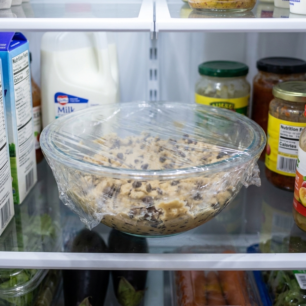 A bowl of cookie dough tightly covered with plastic wrap sitting on a refrigerator shelf