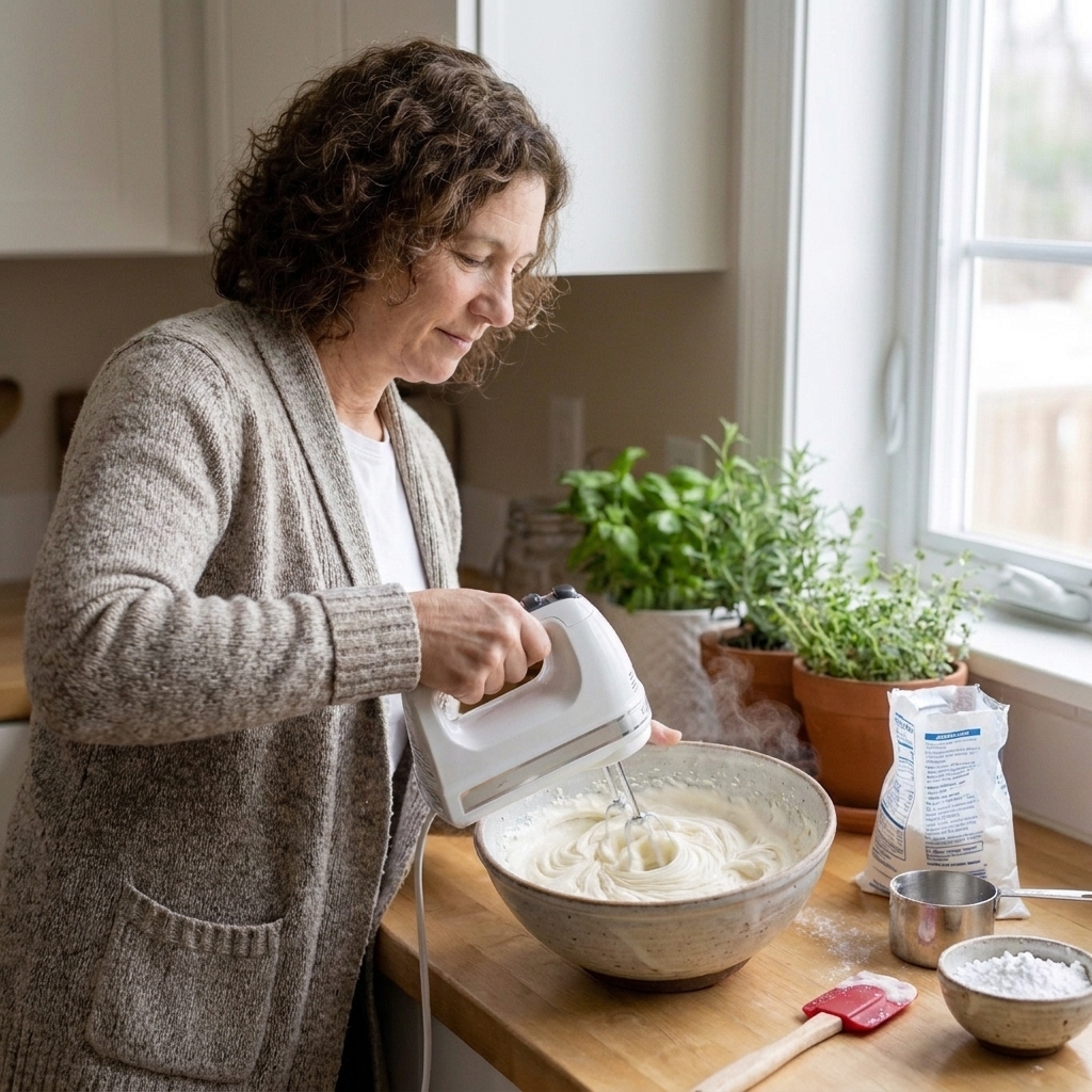 A bowl of cream cheese frosting being mixed with a hand mixer on a kitchen counter with powdered sugar nearby
