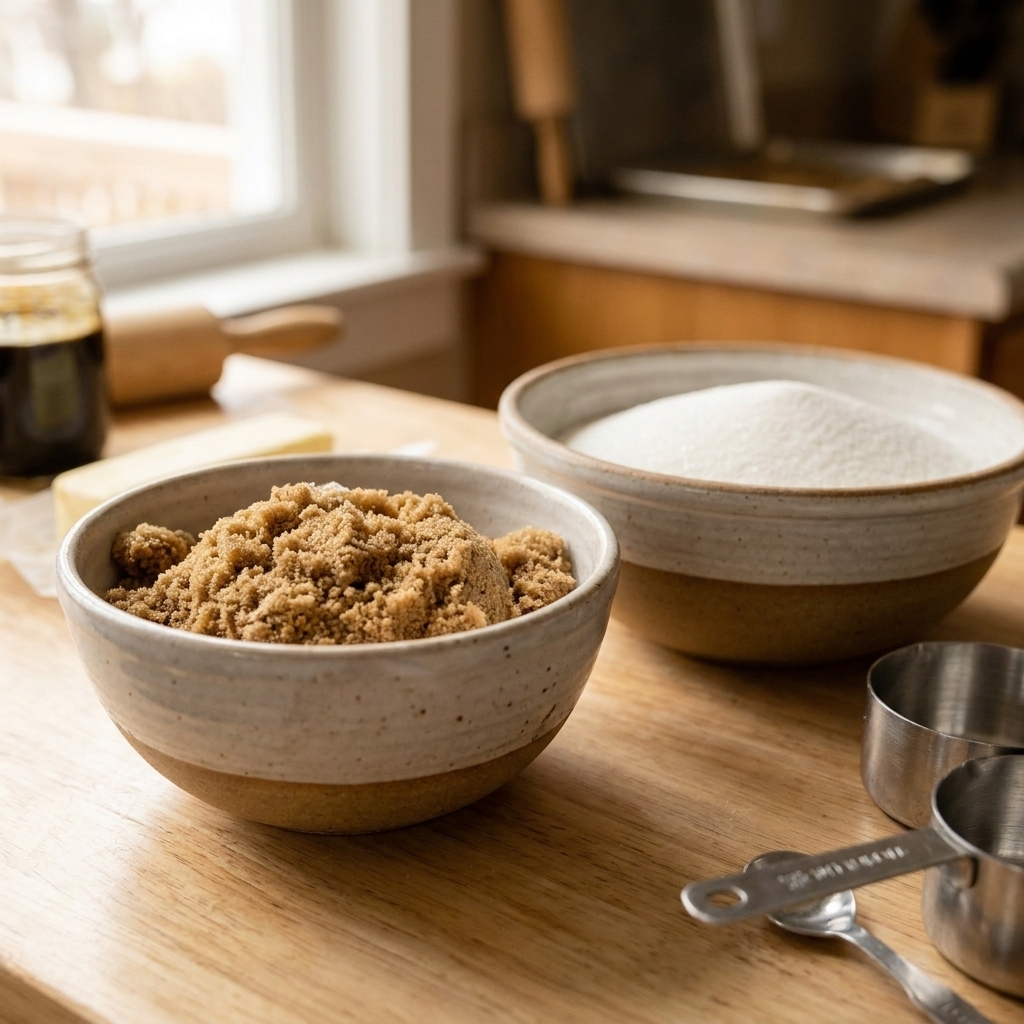 A bowl of packed brown sugar next to a bowl of granulated white sugar on a baking counter