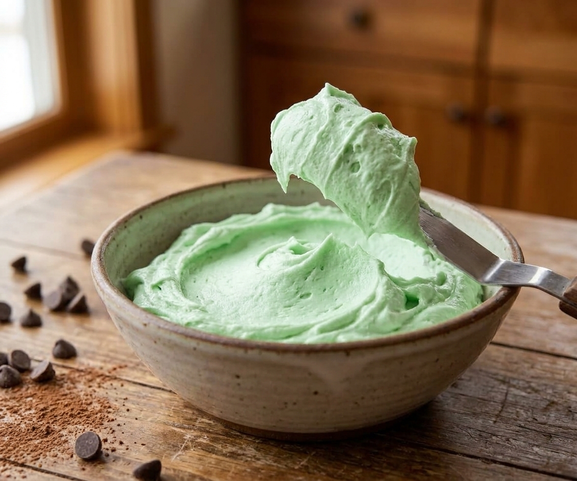 A bowl of pale green mint buttercream with a thick, fluffy texture; a spatula shows the frosting holding soft peaks