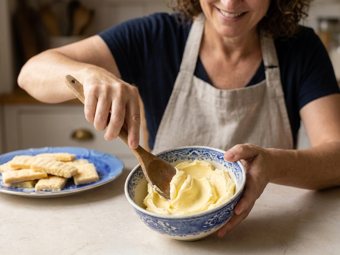 A bowl of softened unsalted butter with a spatula, showing butter that is pliable but not melted