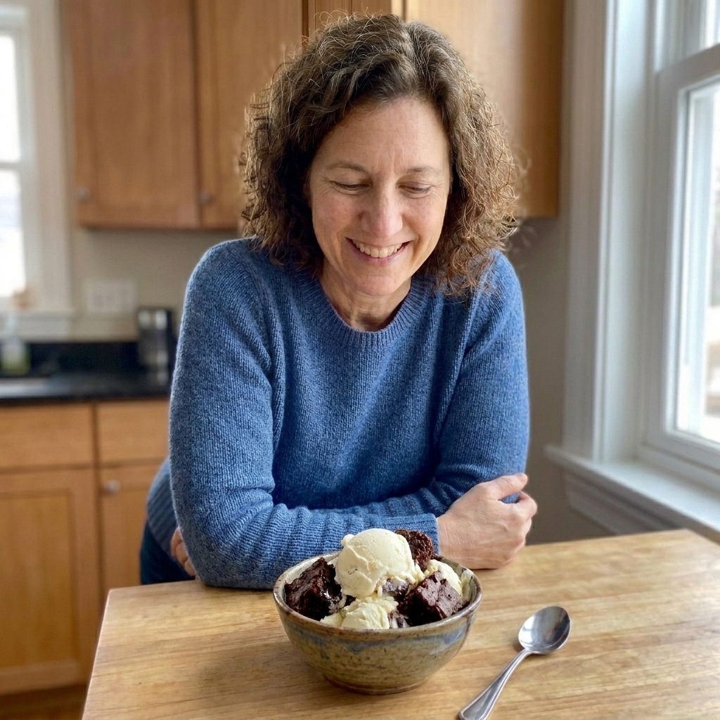 A bowl of vanilla ice cream with brownie chunks folded in and a spoon resting beside it