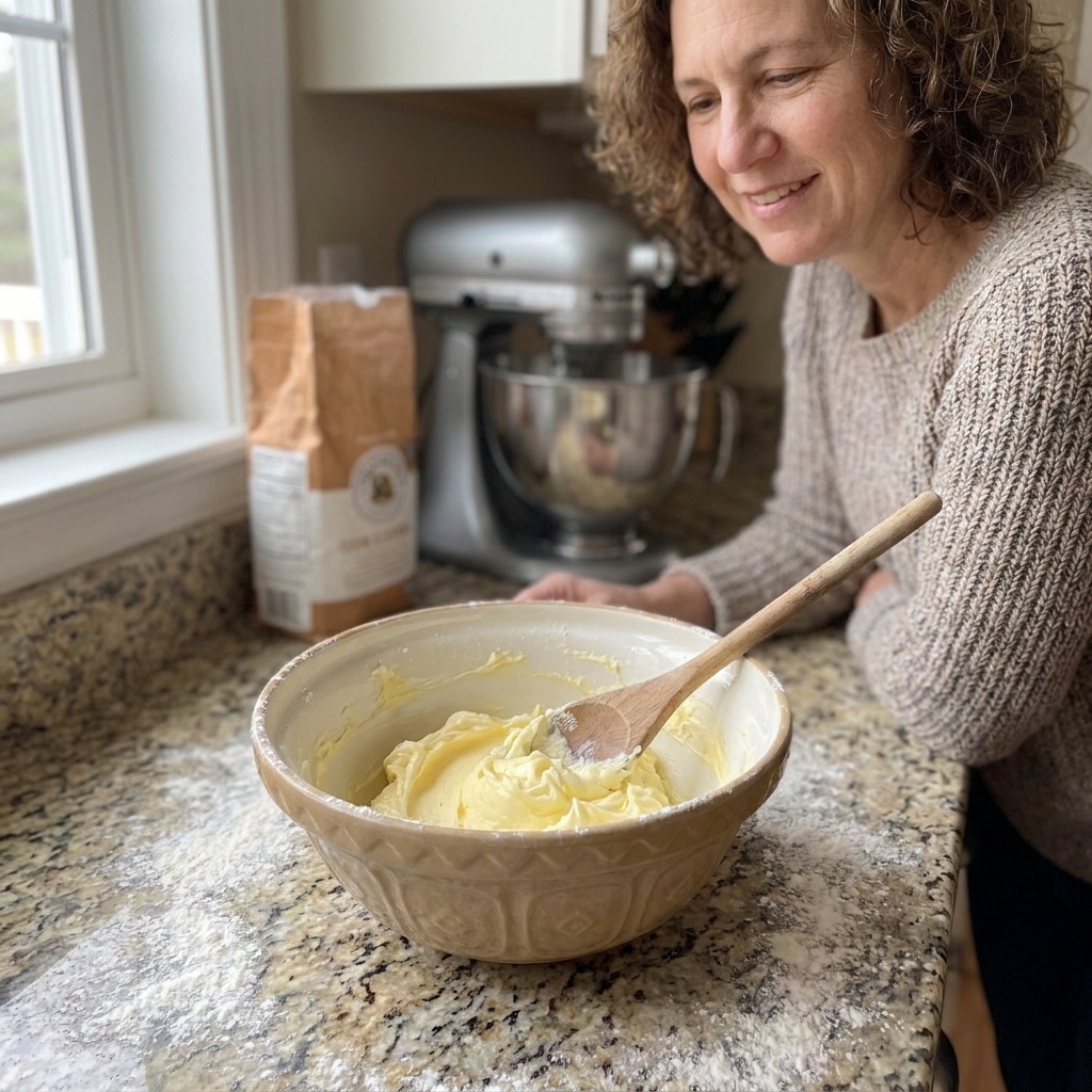 A bowl with softened butter and a wooden spoon on a flour-dusted kitchen counter