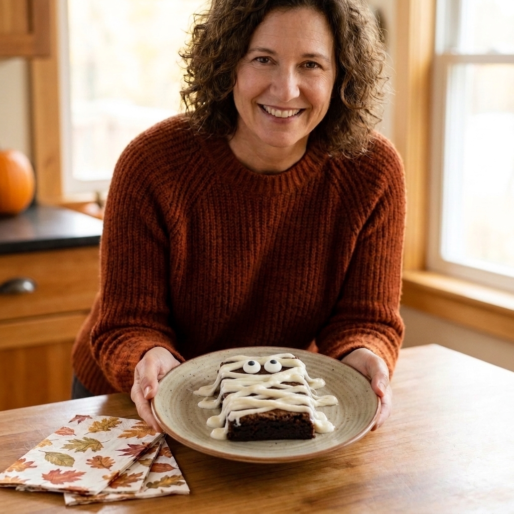 A brownie square wrapped with stretched marshmallow strips with two candy eyes placed near the top