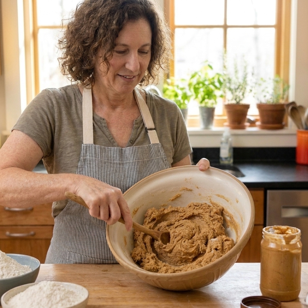 A ceramic bowl of peanut butter cookie dough being mixed with a wooden spoon on a kitchen counter