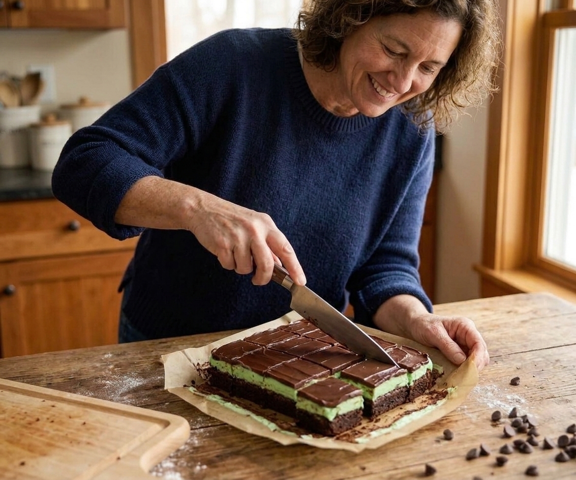 A chilled pan of layered mint chocolate brownies being sliced into clean squares; the brownie, mint buttercream, and ganache layers are clearly defined with minimal crumbs