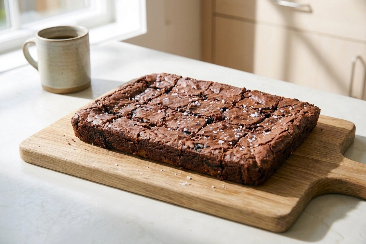 A chilled slab of brownies on a wooden cutting board with light score marks showing even portions