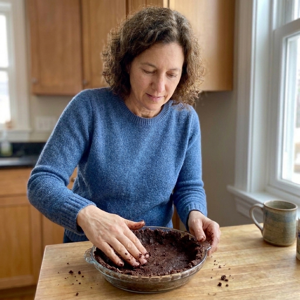 A chocolate brownie crumb crust being pressed into a glass pie plate on a kitchen counter
