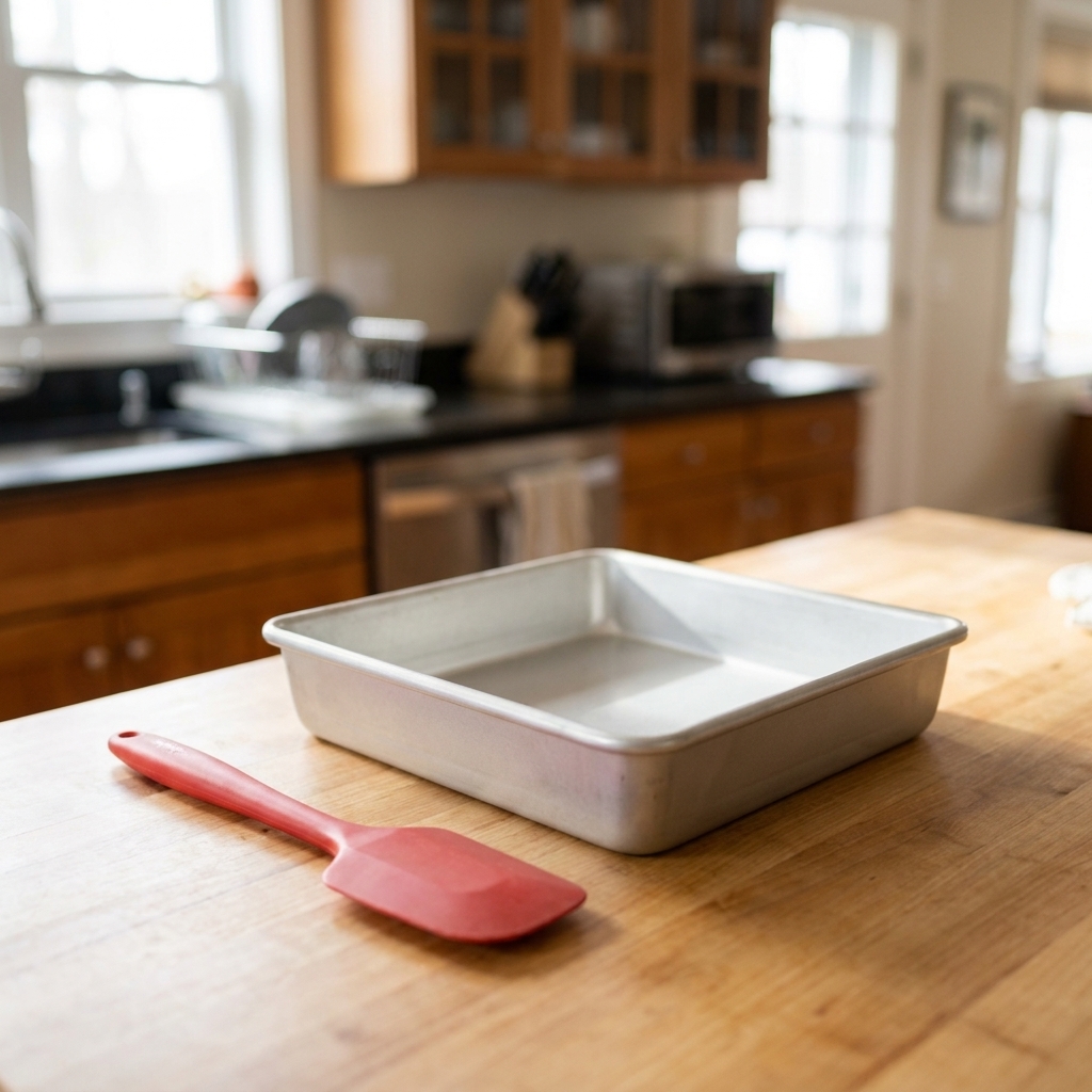 A clean light-colored aluminum 8x8 baking pan sitting on a wooden countertop in a bright kitchen
