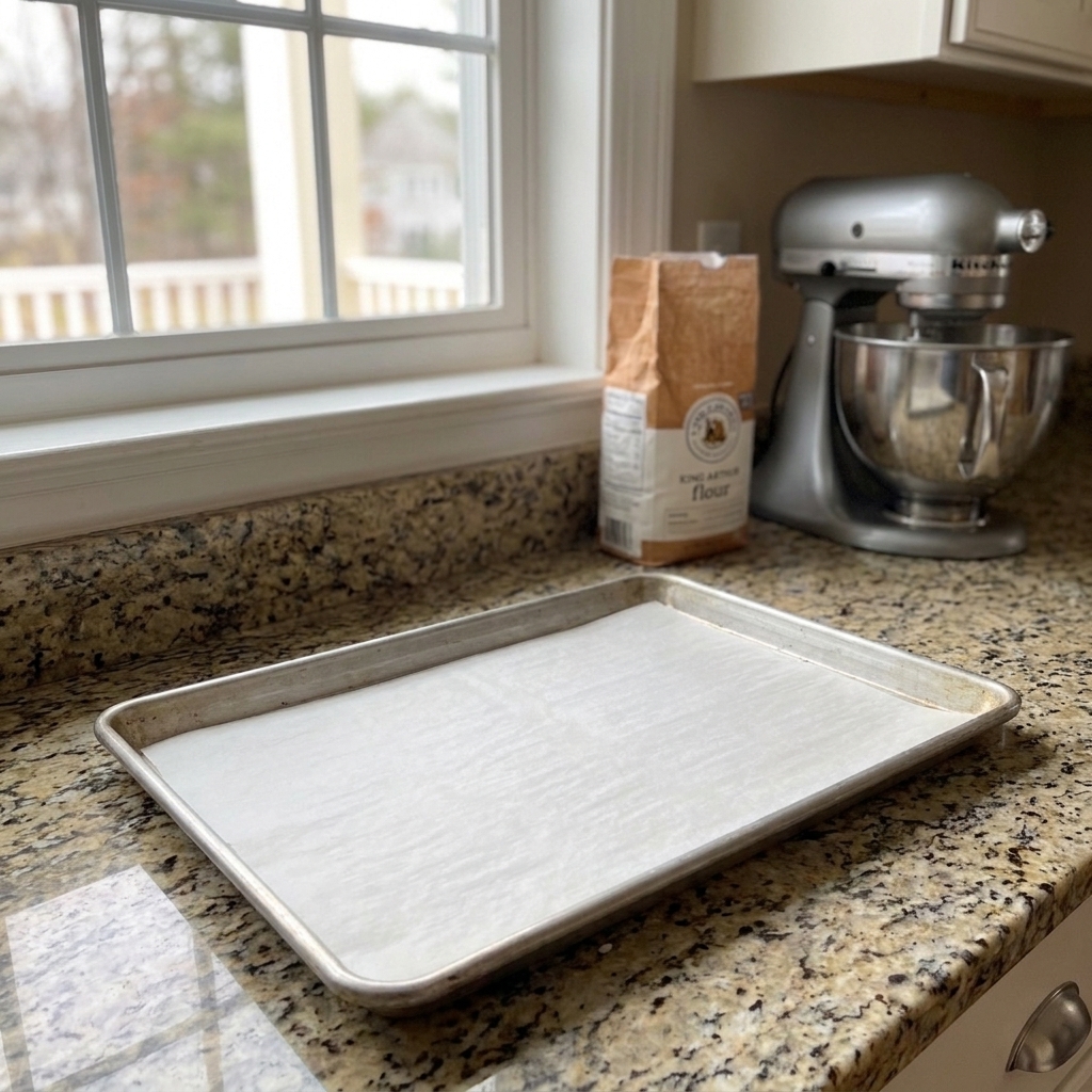 A clean parchment-lined baking sheet resting on a wooden kitchen counter, ready for cookie dough