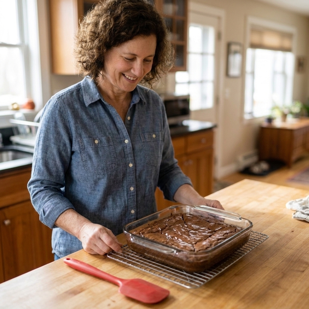 A clear glass 8x8 baking dish filled with baked brownies cooling on a wire rack