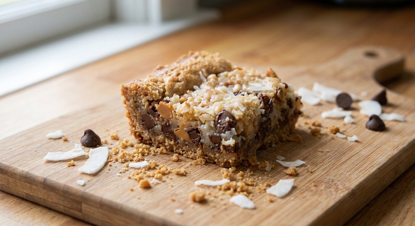 A close-up of a magic bar square showing crumbling edges and loose graham crust crumbs on a cutting board