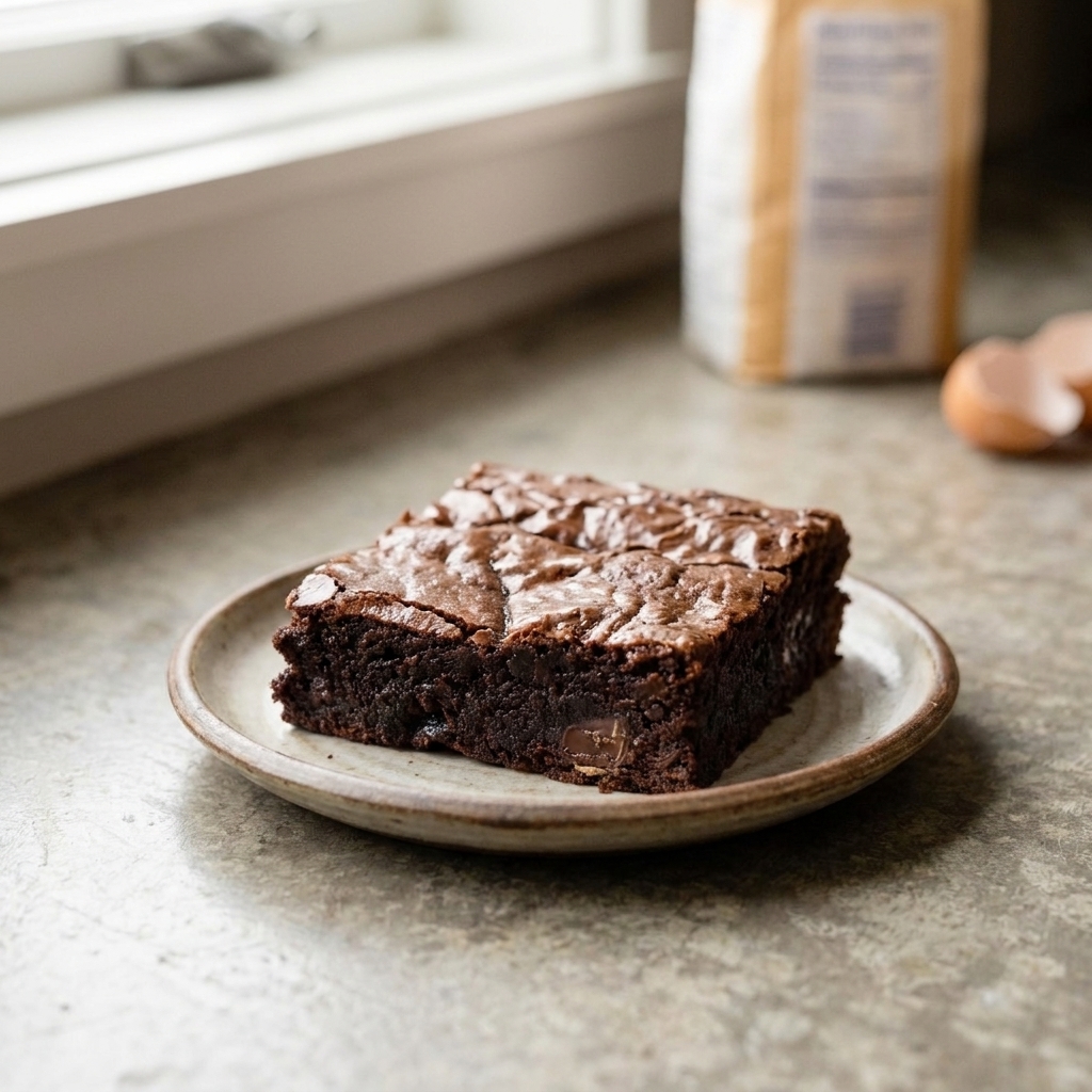 A close-up of a sliced brownie square showing a shiny crackly crust on top and a fudgy center on a serving plate