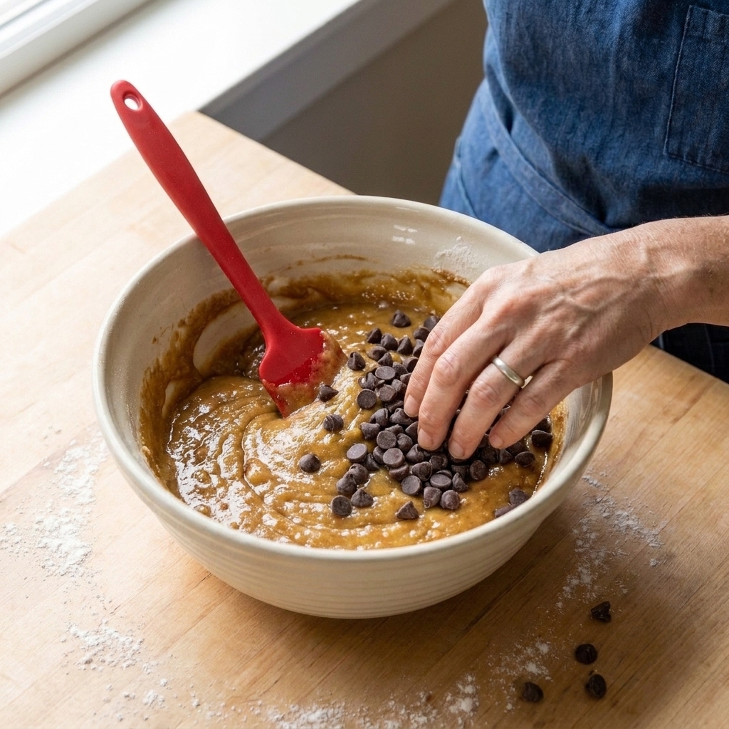 A close-up of blondie batter being folded with semi-sweet chocolate chips using a rubber spatula