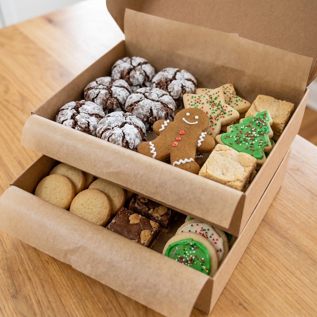 A close-up of neatly stacked holiday cookies inside a gift box with parchment paper between layers