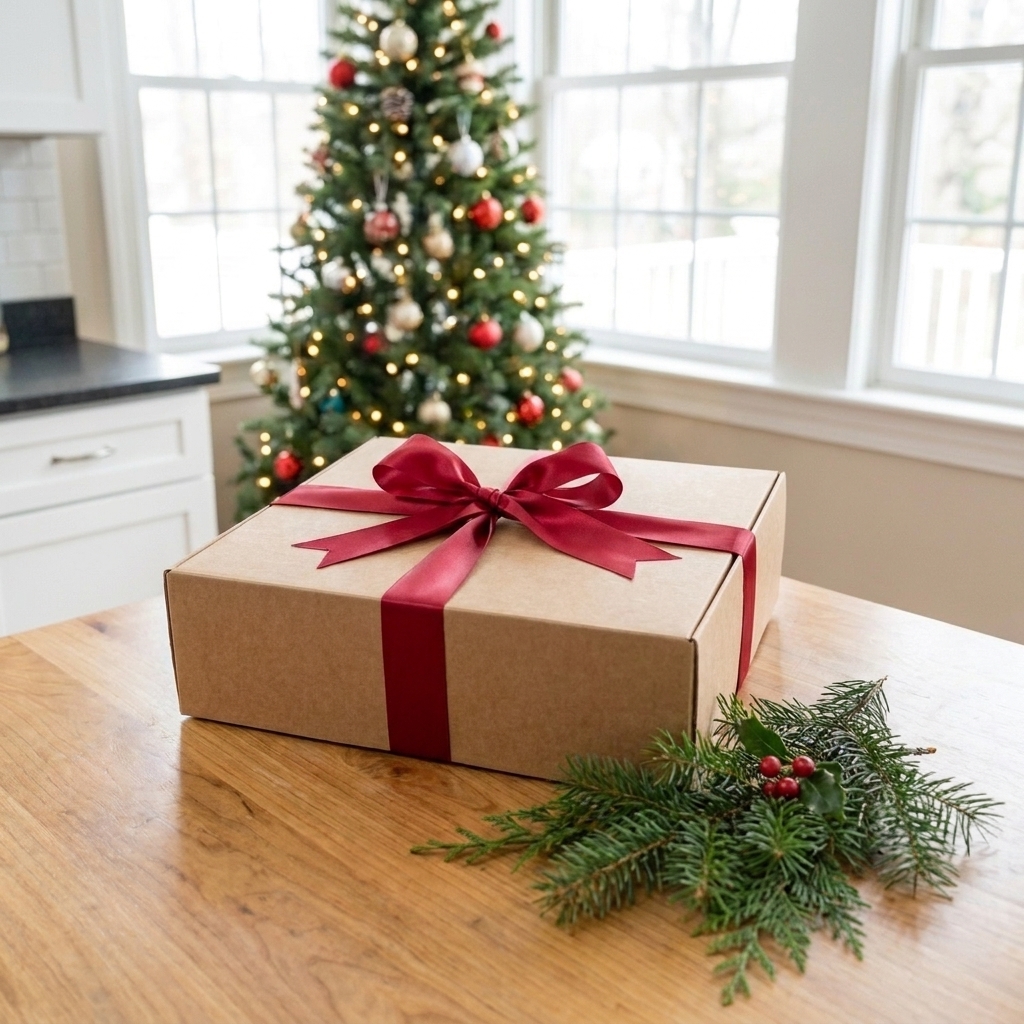 A closed Christmas cookie gift box tied with a satin ribbon sitting on a wooden kitchen table with evergreen sprigs nearby