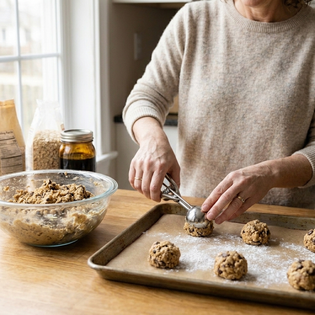 A cookie scoop portioning oatmeal cookie dough onto a parchment-lined baking sheet