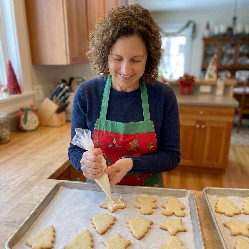 A cooled cut-out sugar cookie being piped with white royal icing on parchment paper
