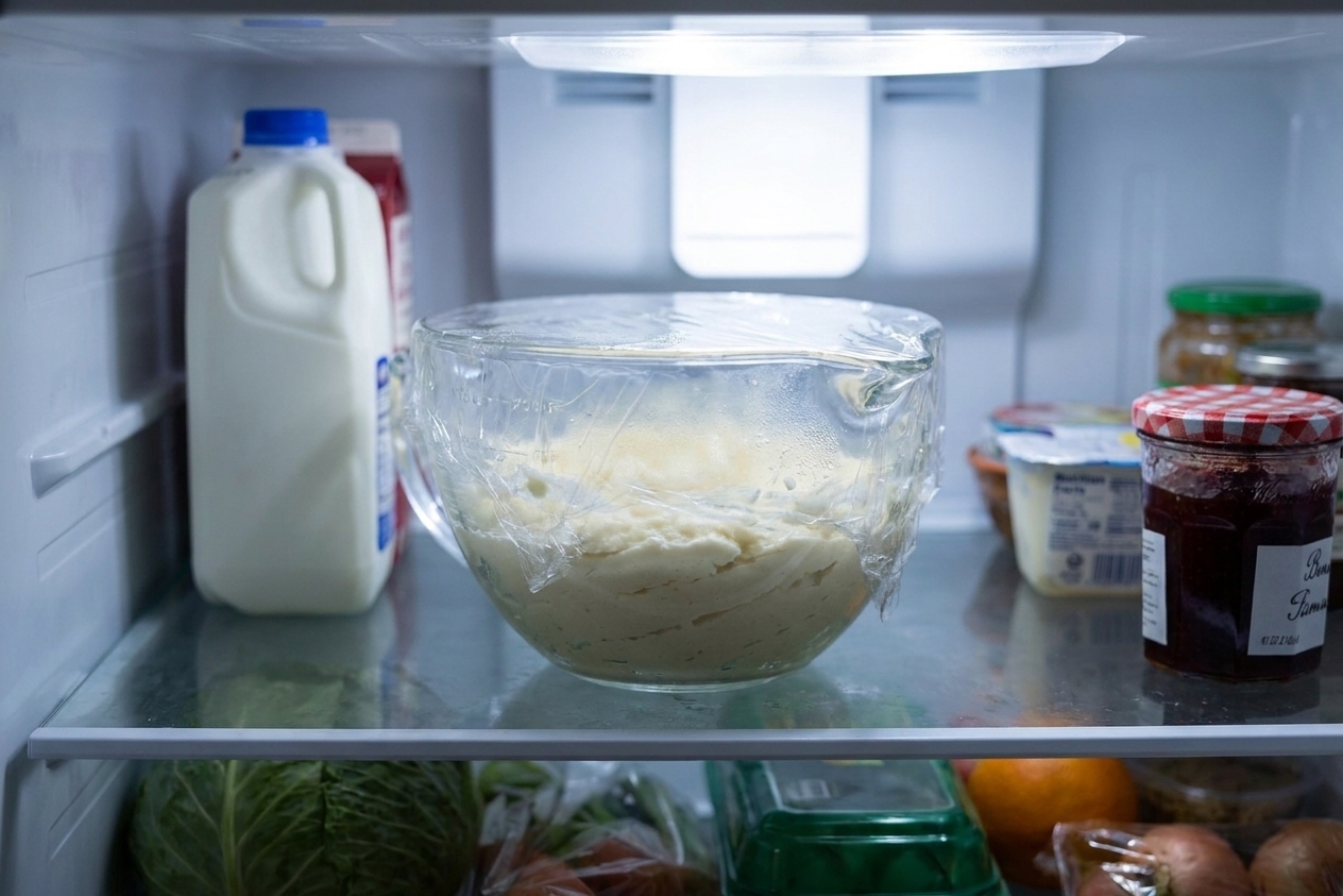 A covered bowl of cookie dough chilling in the refrigerator to firm up before baking