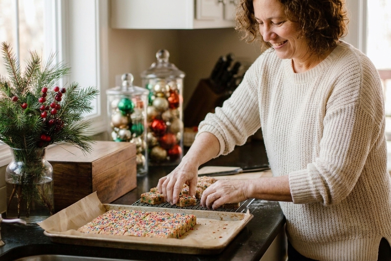 A cozy holiday baking scene with sheet pans, parchment paper, cooling racks, and sliced cookie bars on a kitchen counter