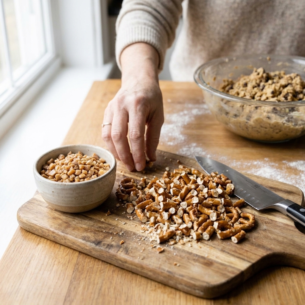 A cutting board with chopped pretzels beside a small bowl of toffee bits, ready to be folded into cookie dough