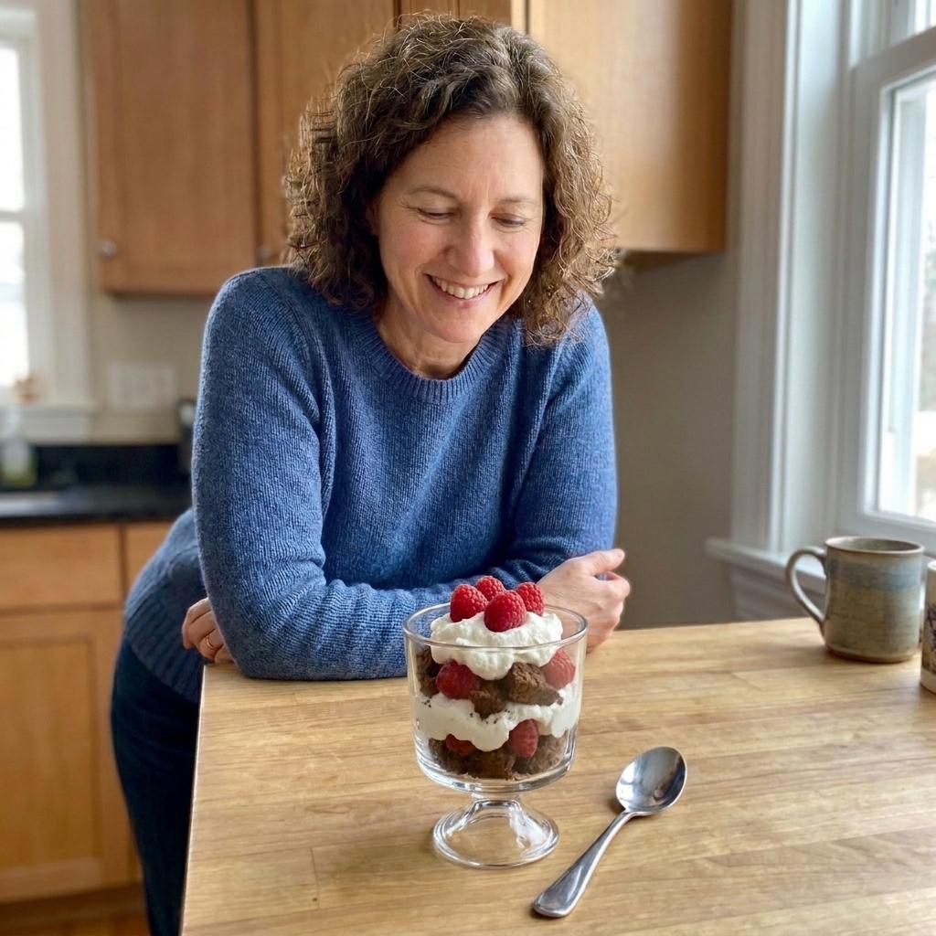 A dessert cup layered with brownie crumbs, whipped cream, and raspberries with a spoon on the side