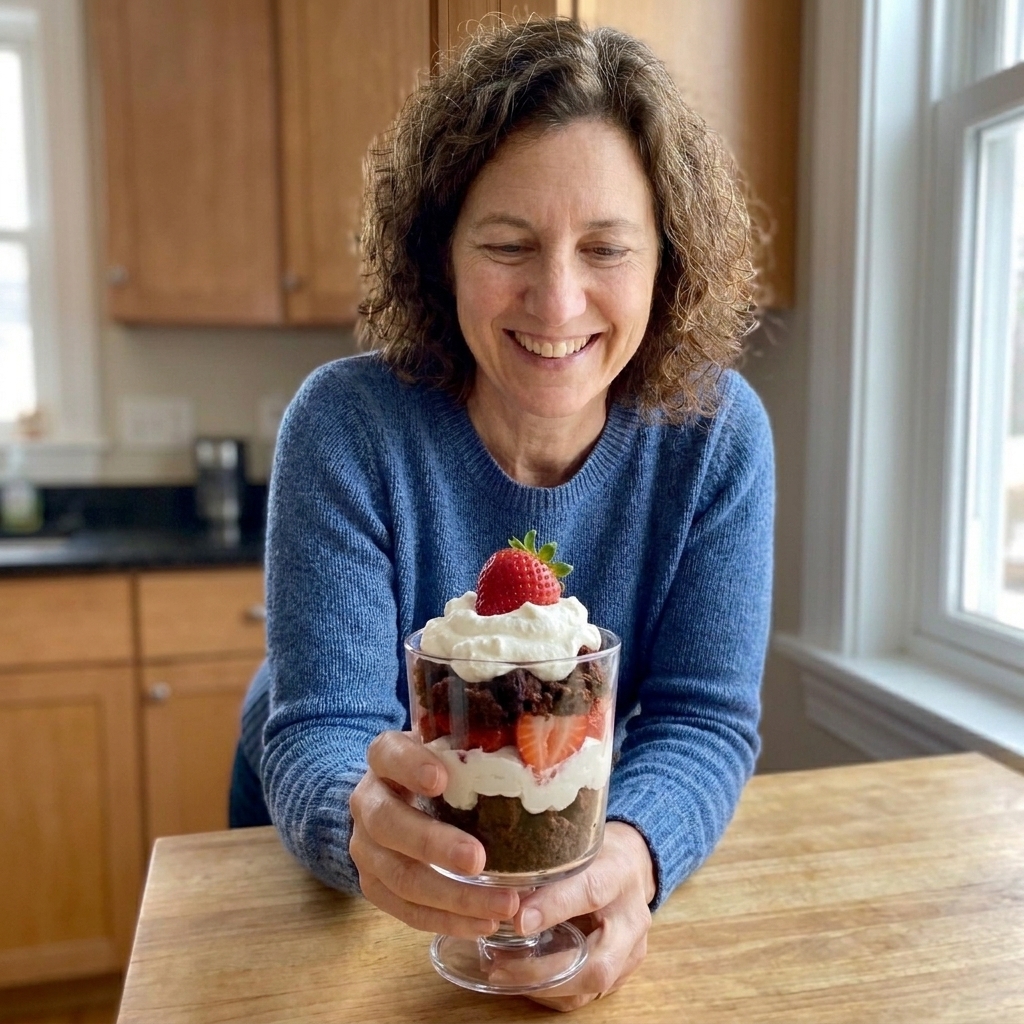 A dessert parfait in a clear glass with layers of brownie crumbs, whipped cream, and strawberries