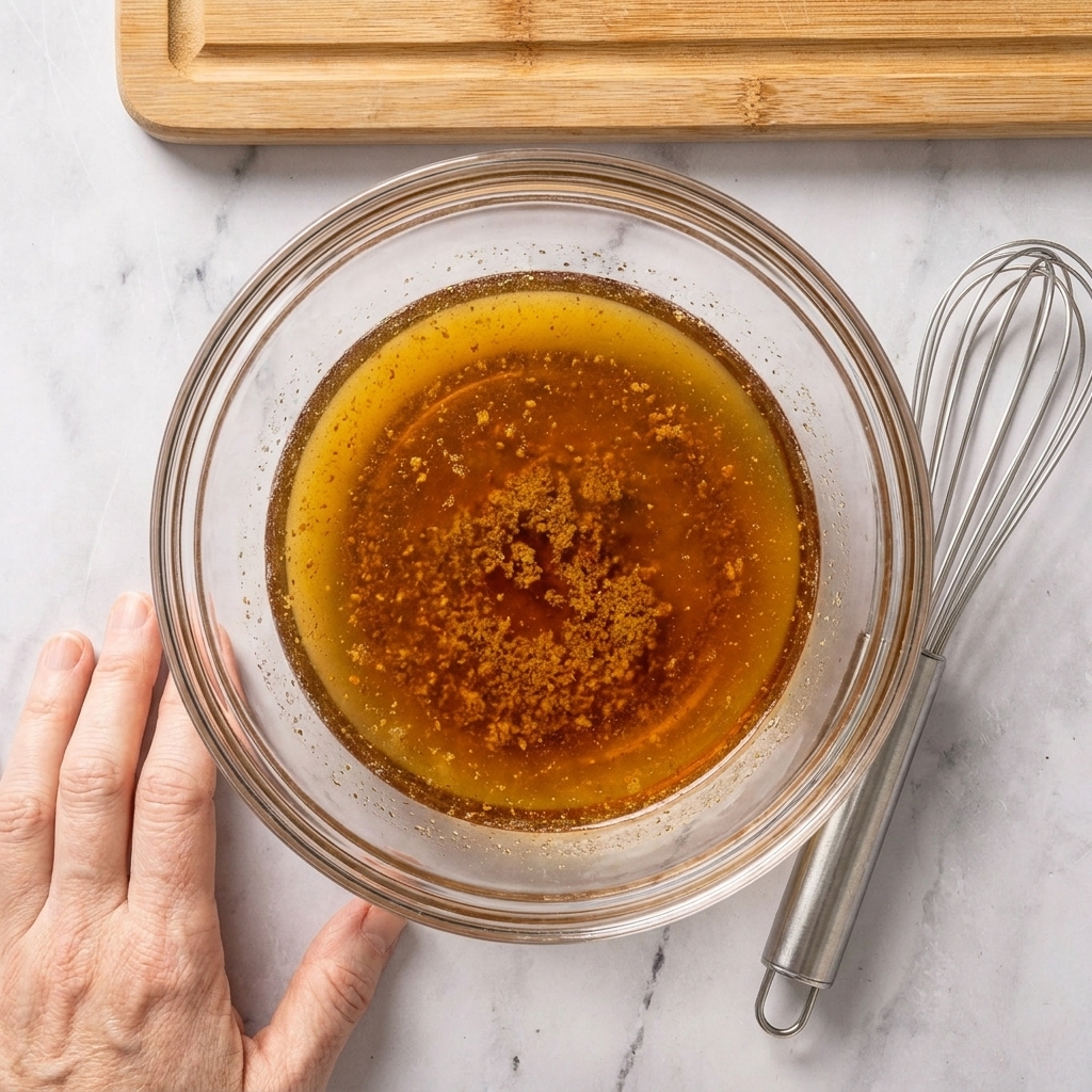 A glass bowl holding brown butter with visible golden flecks as it cools on a kitchen counter